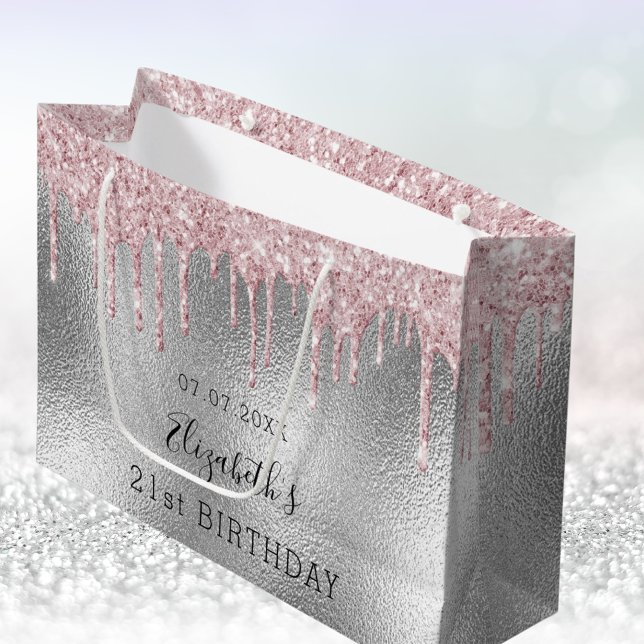Birthday silver pinkglitter drips grey monogram large gift bag (Creator Uploaded)