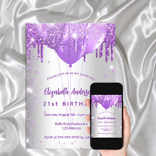 Birthday silver purple drips balloons invitation