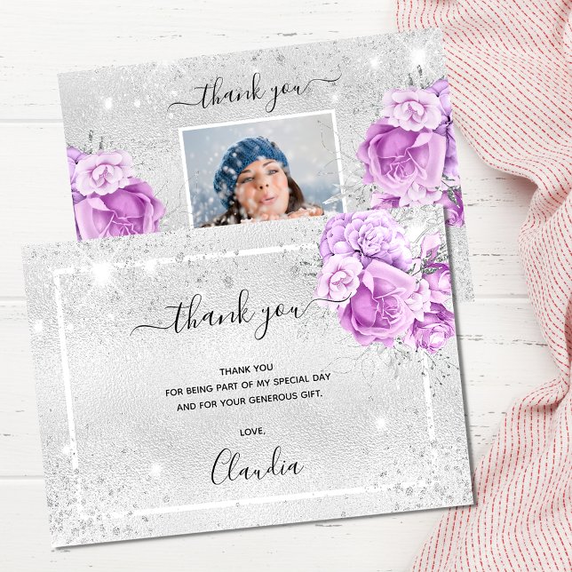 Birthday silver purple floral photo sparkles invitation (Creator Uploaded)