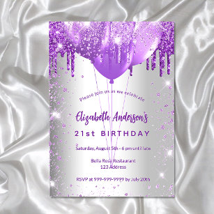 Birthday silver purple glitter balloons luxury invitation