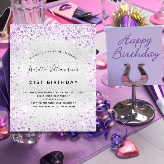 Birthday silver purple glitter budget invitation flyer (Creator Uploaded)