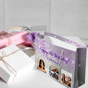 Birthday silver purple glitter custom photo name large gift bag