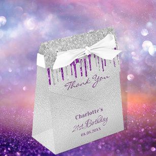 Birthday silver purple glitter drip thank you  favour box