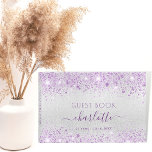 Birthday silver purple glitter dust metal monogram guest book<br><div class="desc">A guestbook for a feminine and glamorous 21st (or any age) birthday party.  A classic faux silver metallic looking background with purple faux glitter dust.  Add your name,  age 21/text    Personalize and add your text on the spine.</div>