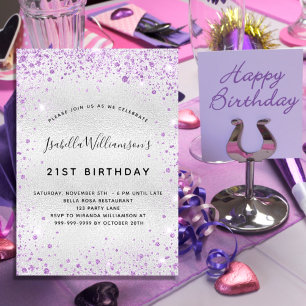 Birthday silver purple glitter dust sparkle invitation