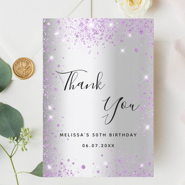 Birthday silver purple glitter elegant thank you card (Creator Uploaded)