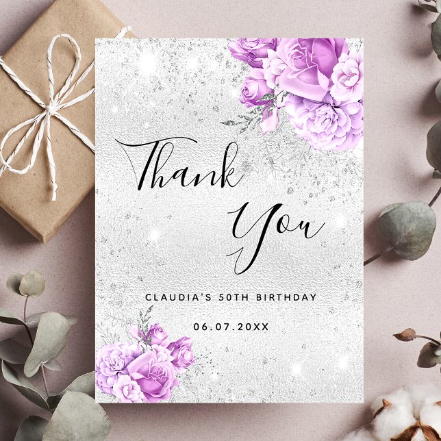 Birthday silver purple glitter floral thank you card (Creator Uploaded)