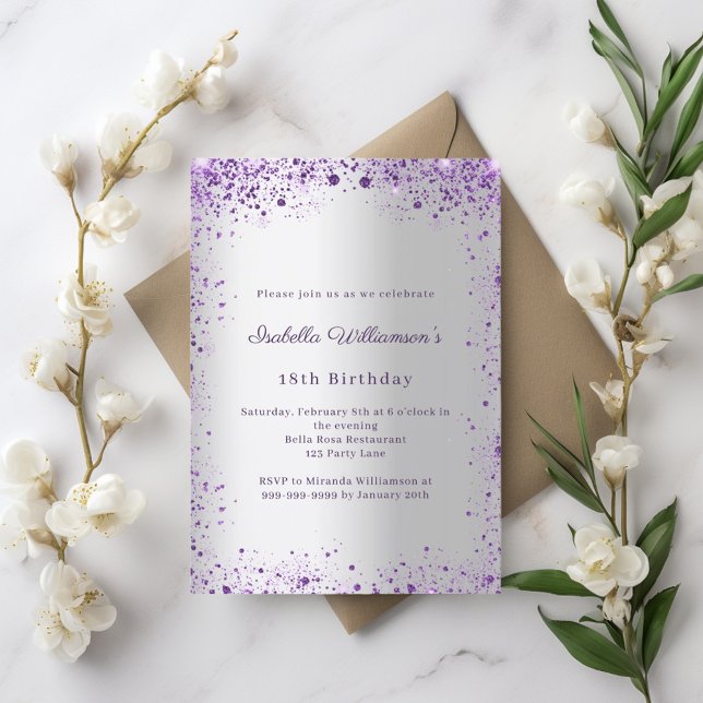Birthday silver purple glitter invitation (Creator Uploaded)