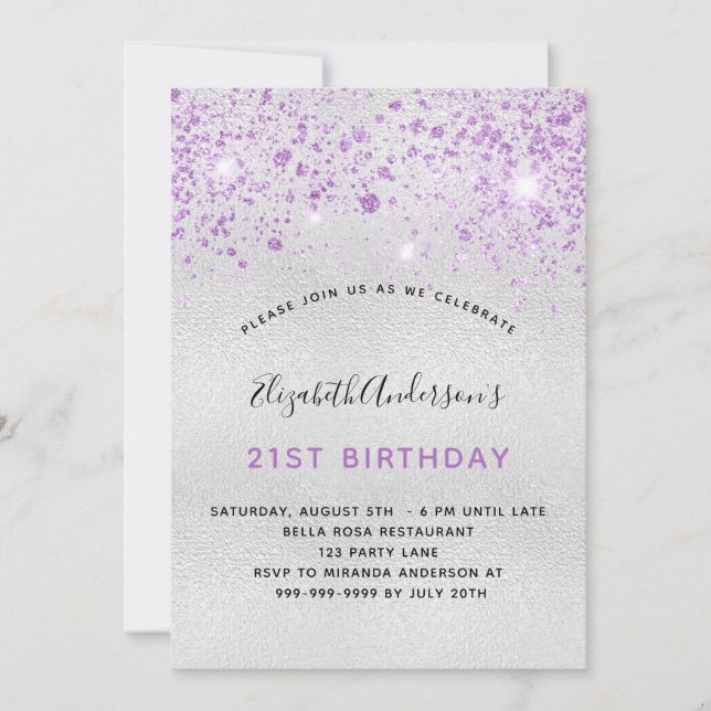 Birthday silver purple glitter invitation (Front)