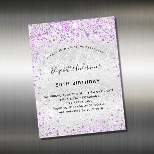 Birthday silver purple glitter invitation magnet