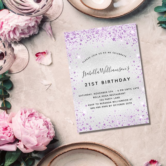 Birthday silver purple glitter luxury invitation (Creator Uploaded)