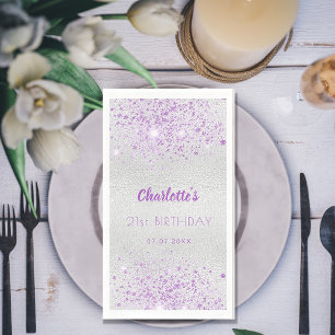 Birthday silver purple glitter monogram napkin