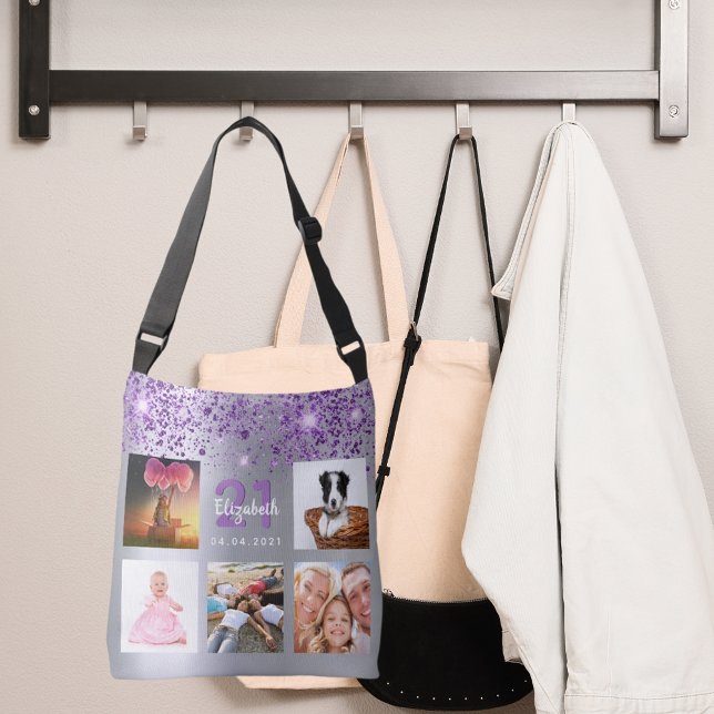 Birthday silver purple glitter photo collage name crossbody bag (Creator Uploaded)