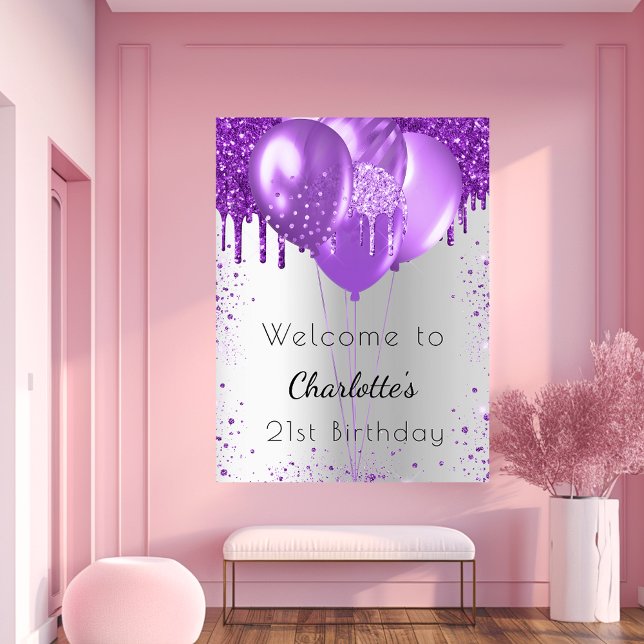 Birthday silver purple glitter welcome balloons poster (Creator Uploaded)