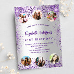 Birthday silver purple photo best friends invitation<br><div class="desc">A girly and feminine 21st (or any age) birthday party invitation. On front: A trendy faux silver looking background. Decorated with dark purple faux glitter, sparkles. Personalize and add a name, party details and 6 photos. The name is written with a hand lettered style script, purple colored letters. Back: faux...</div>