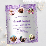 Birthday silver purple photo budget invitation<br><div class="desc">A girly and feminine 21st (or any age) birthday party invitation. On front: A trendy faux silver looking background. Decorated with dark purple faux glitter, sparkles. Personalise and add a name, party details and 6 photos. The name is written with a hand lettered style script, purple coloured letters. Back: faux...</div>