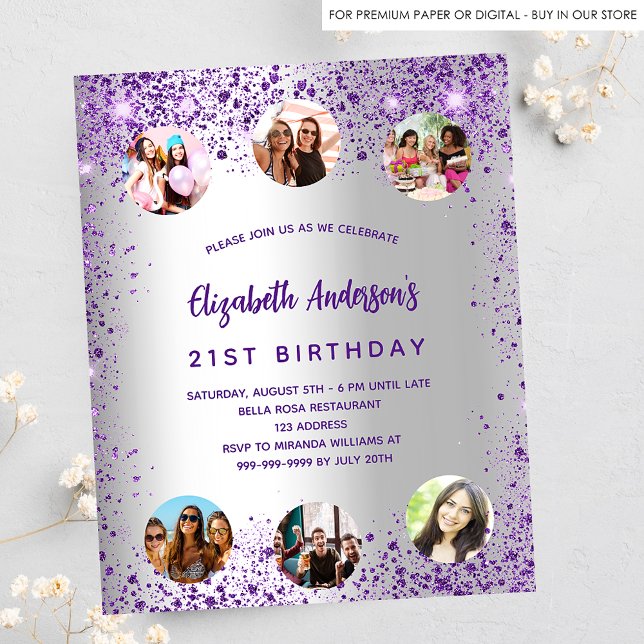 Birthday silver purple photo budget invitation (Creator Uploaded)