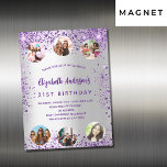 Birthday silver purple photo friends luxury magnetic invitation<br><div class="desc">A girly and feminine 21st (or any age) birthday party magnetic invitation. On front: A trendy faux silver looking background. Decorated with dark purple faux glitter,  sparkles. Personalise and add a name,  party details and 6 photos. The name is written with a hand lettered style script,   purple coloured letters.</div>