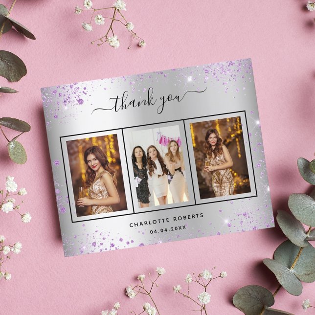 Birthday silver purple photo thank you card (Creator Uploaded)