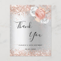 Birthday silver rose gold florals thank you card