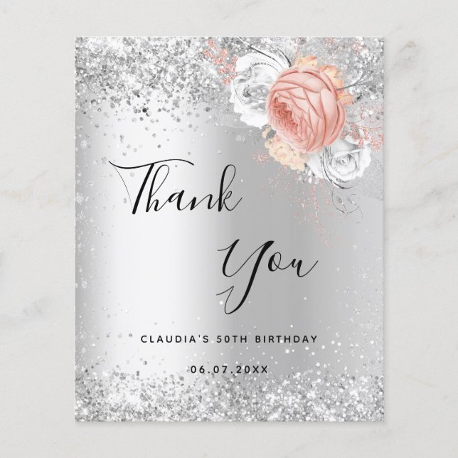 Birthday silver rose gold flowers thank you card (Front)