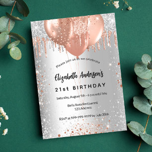 Birthday silver rose gold glitter balloons invitation