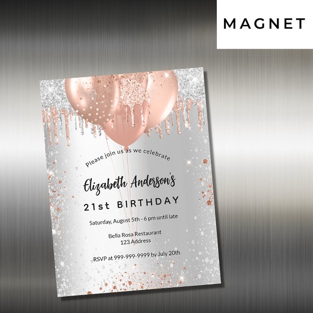 Birthday silver rose gold glitter balloons luxury magnetic invitation (Creator Uploaded)