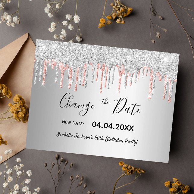 Birthday silver rose gold glitter change the date postcard (Creator Uploaded)
