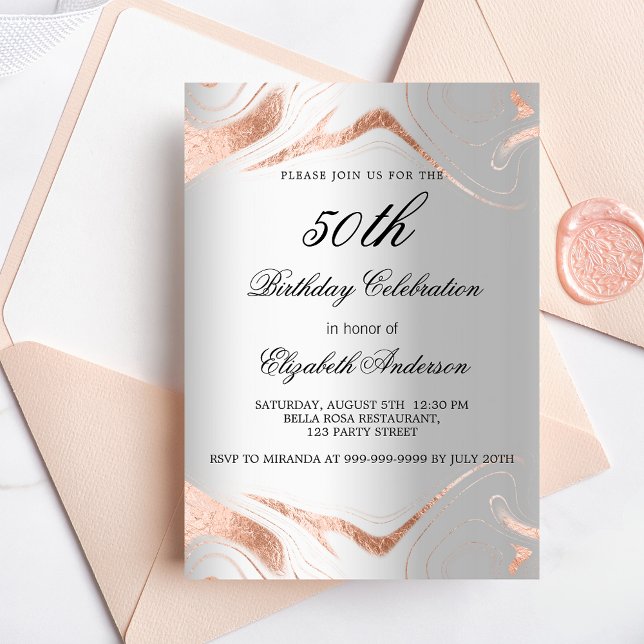 Birthday silver rose gold marble luxury invitation (Creator Uploaded)