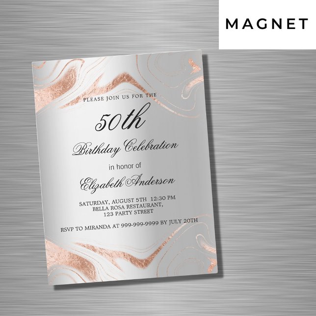 Birthday silver rose gold marble luxury magnetic invitation (Creator Uploaded)