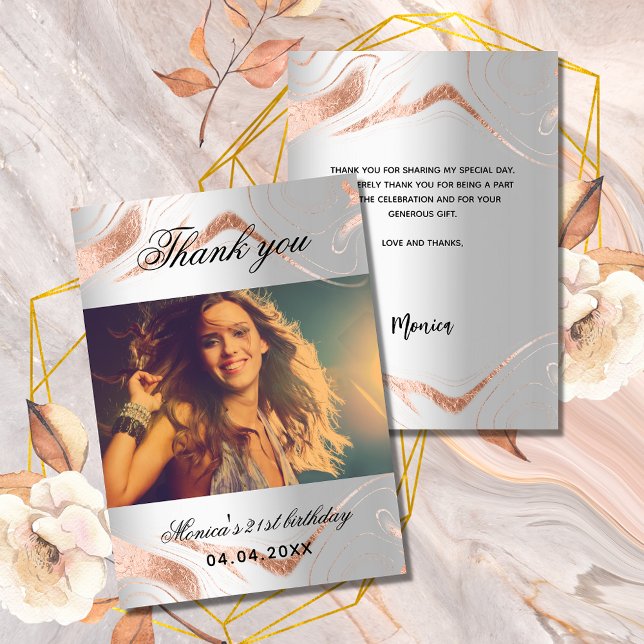 Birthday silver rose gold photo thank you card (Creator Uploaded)