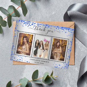 Birthday silver royal blue sparkles photo thank you card