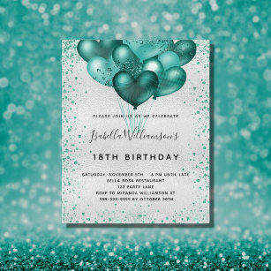 Birthday silver teal glitter budget invitation flyer