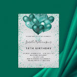 Birthday silver teal glitter dust invitation postcard<br><div class="desc">For an elegant 18th (or any age) birthday. A faux silver metallic looking background. Decorated with teal faux glitter dust and balloons. Personalise and add a name, age and party details. The name is written with a hand lettered style script. Tip: If you don't want it to look like a...</div>