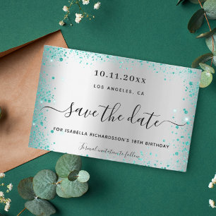 Birthday silver teal glitter save the date card
