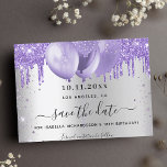 Birthday silver violet balloons glitter drips save the date<br><div class="desc">A faux silver looking background decorated with violet,  lavender coloured faux glitter and balloons.  Personalise and add a date and name/age. The text: Save the Date is written with a large trendy hand lettered style script.</div>