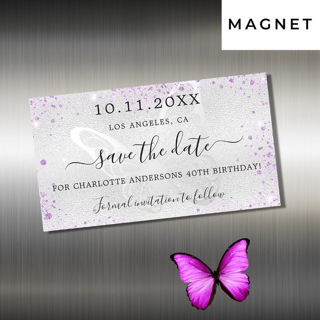 Birthday silver violet butterfly save date magnet (Creator Uploaded)