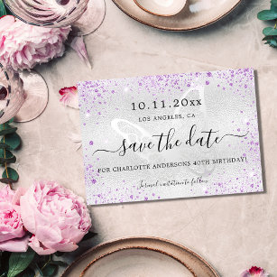 Birthday silver violet butterfly save the date announcement postcard