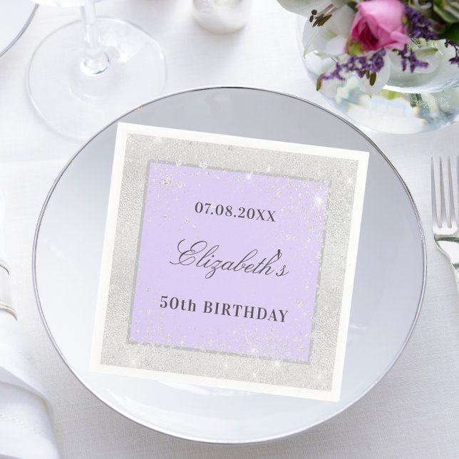 Birthday silver violet lavender glitter name napkin (Creator Uploaded)