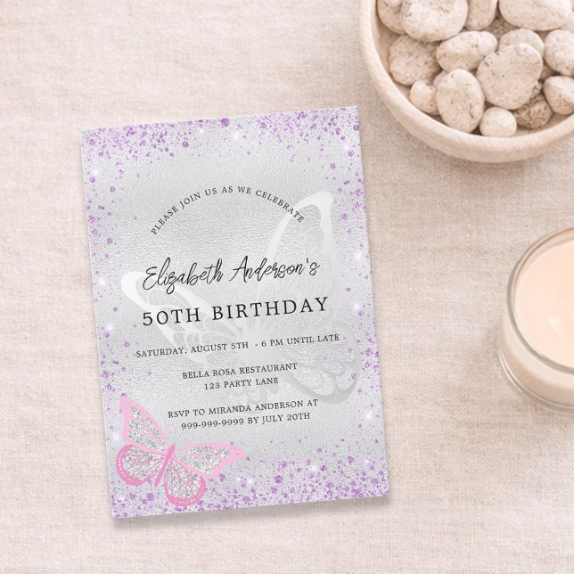 Birthday silver violet pink butterfly sparkles invitation (Creator Uploaded)
