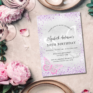 Birthday silver violet pink butterfly sparkles invitation