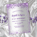 Birthday silver violet purple sparkles invitation<br><div class="desc">A girly and feminine 21st (or any age) birthday party invitation. On front: A trendy faux silver looking background. Decorated with dark purple and violet faux glitter, sparkles. Personalise and add a name, party details. The name is written with a hand lettered style script, purple coloured letters. Back: faux silver...</div>