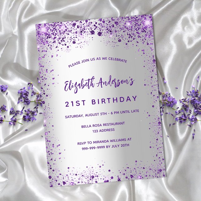 Birthday silver violet purple sparkles luxury invitation (Creator Uploaded)