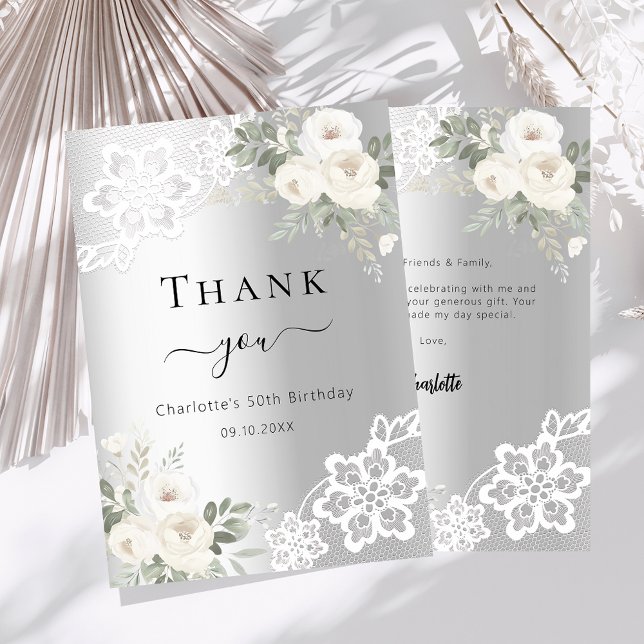 Birthday silver white floral lace thank you card (Creator Uploaded)