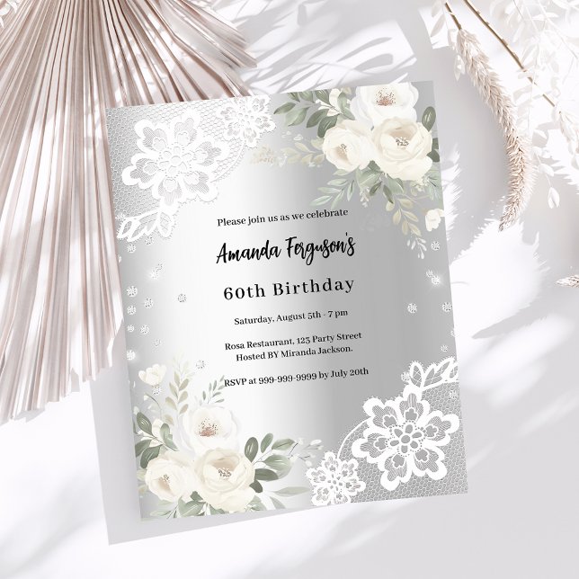 Birthday silver white florals diamonds invitation (Creator Uploaded)
