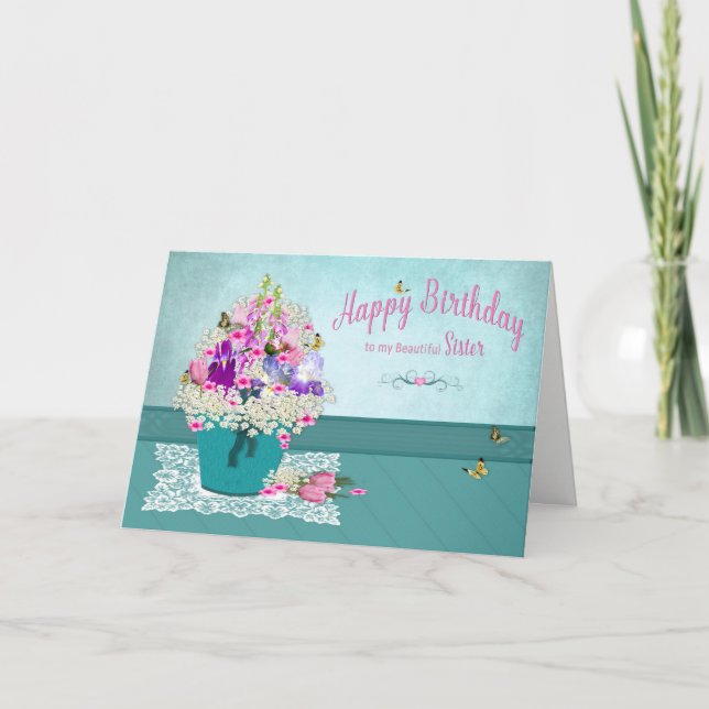 Birthday - Sister -Bucket of Flowers Card (Front)