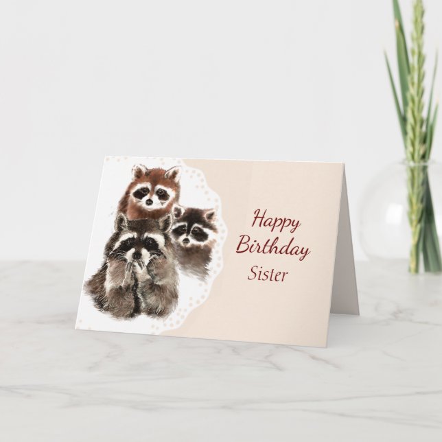 Birthday Sister Cute Raccoon Family Animal Card (Front)
