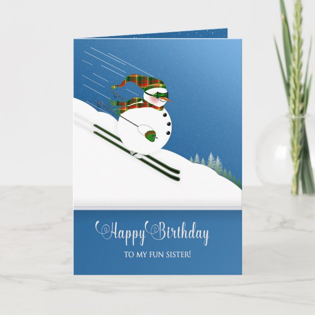 Birthday, Sister, Happy Snowman Skiing Down Mtn. Card (Front)