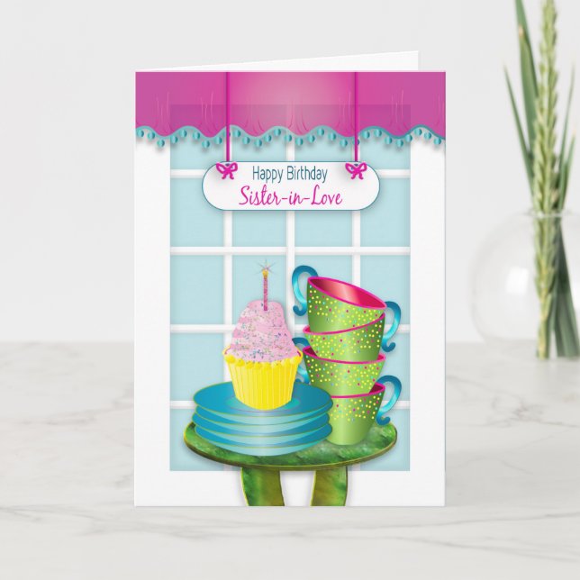 Birthday, Sister-in-Love, Window, Cupcake and Cups Card (Front)