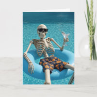 Birthday Skeleton Floating in a Swimming Pool